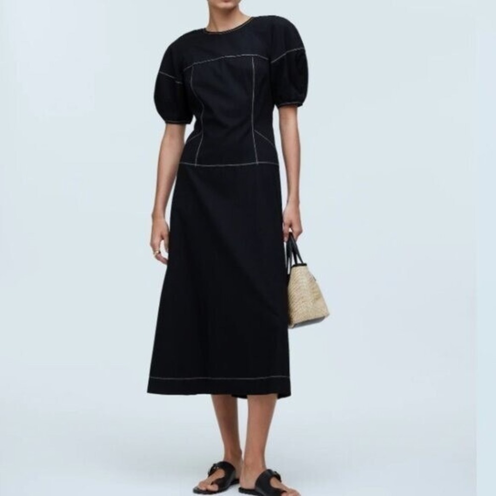 Madewell Size 12‎ Poplin Cotton Puff-Sleeve Drop-Waist Midi Dress Summer LBD NWT